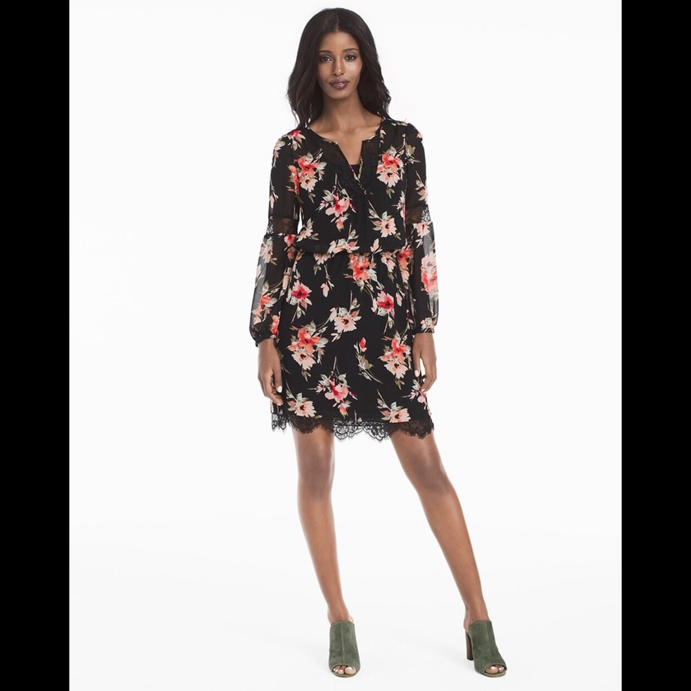 WHBM Long-Sleeve Lace Inset Floral‎ Print Dress